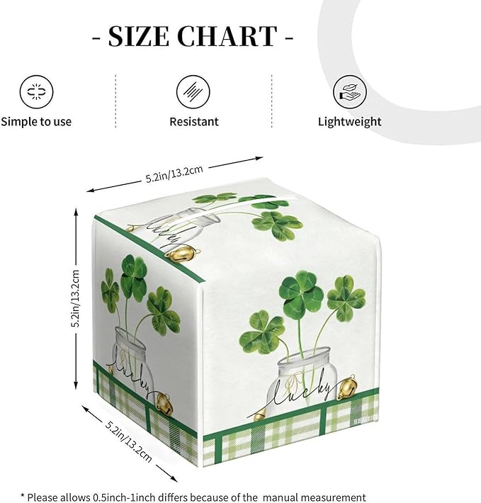 Lucky Clover Tissue Box Cover Leather Tissue Box Holder Square Facial Paper Organizer Dispenser for Bathroom Kitchen Bedroom Vanity Countertop Night Stands