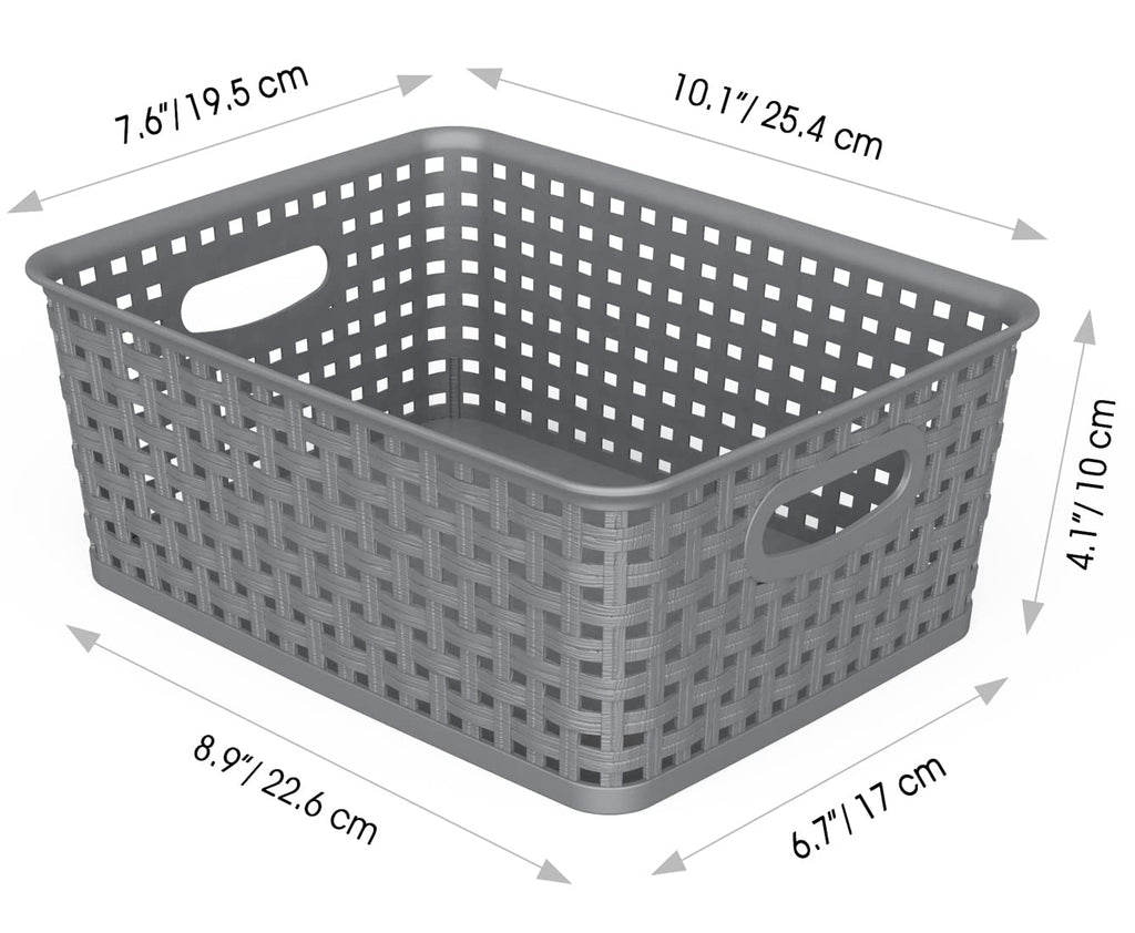 WYT Weave Storage Organizer Baskets, Grey 6-Pack Plastic Woven Baskets, 10.1" x 7.55" x 4.1"
