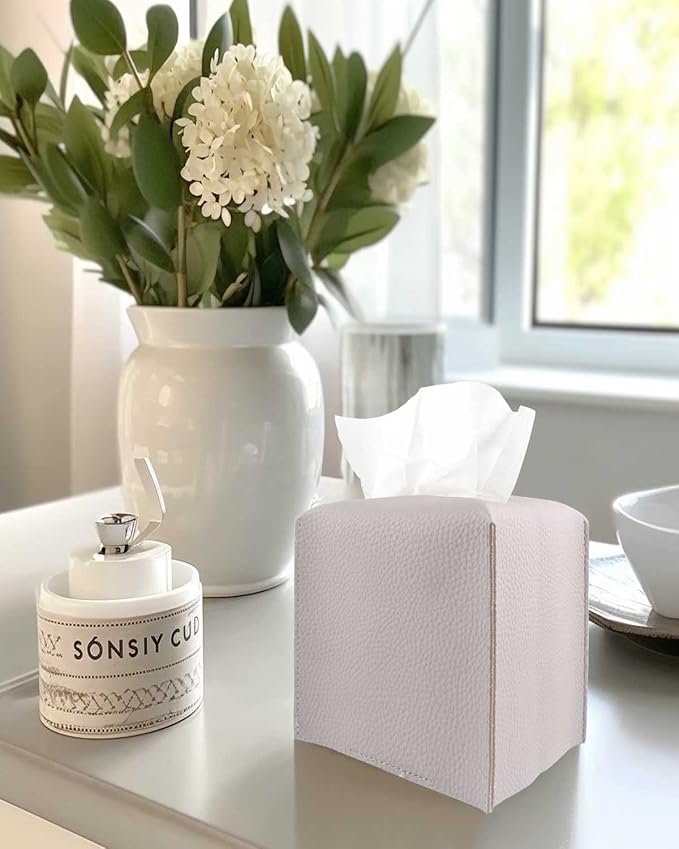 Light Purple Tissue Box Cover Square – with Bottom Belt [JESMINI] Modern PU Leather Tissue Box Holder Decorative for Bathroom Vanity Countertop/Night Stands/Office Desk, 5x5x5