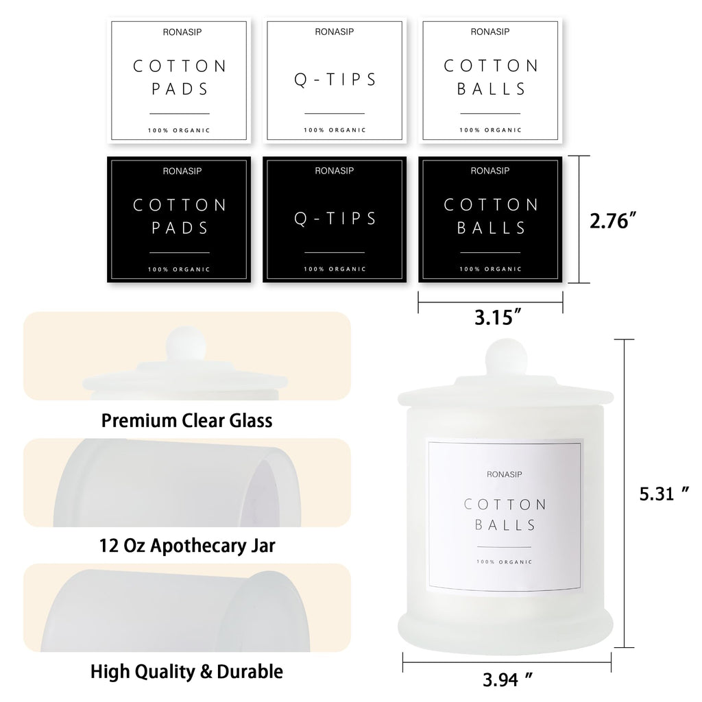 Ronasip Qtip Holder & Cotton Pad Dispenser, Bathroom Organizer and Storage Canisters, 16oz Glass Apothecary Jars for Kitchen, Restroom - Home Decor, Room Decor Aesthetic (2 Pack, Frosted White)