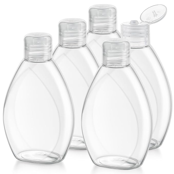 Wowang Travel Shampoo and Conditioner Bottles 6.9oz 5 Pack Leak Proof Plastic Squeeze Bottles with Flip Cap Refillable Toiletry Bottle Empty Containers for Shampoo Conditioner Body Wash(Clear)