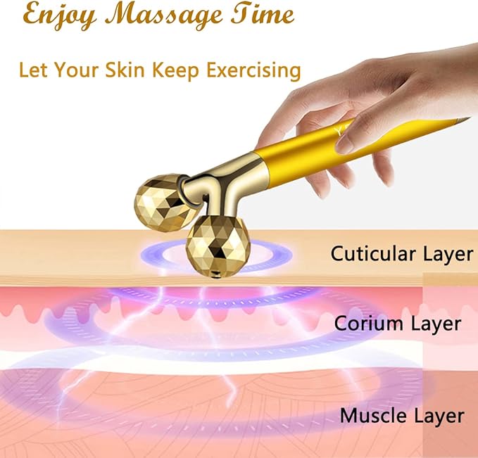 Yeamon 2 in 1 Face Massager Golden Facial Electric 3D Roller and T Shape Arm Eye Nose Massager Skin Care Tool