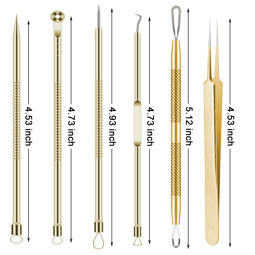 Pimple Popper Tool Kit 6 Pcs Blackhead Remover Acne Needle Tools Set Removing Treatment Comedone Whitehead Popping Zit for Nose Face Skin Blemish Extractor Tool - Gold