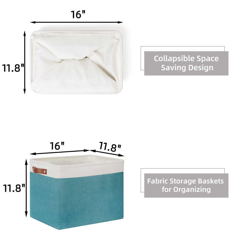 HNZIGE Extra Large Fabric Storage Bin Baskets for Organizing Shelves [2 Pack] Storage Baskets for Closet 16" X 11.8" X 11.8" Rectangular Storage Basket Bin for Organization Living Room(Teal&White)