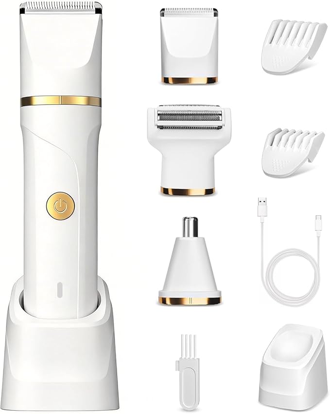 Bikini Trimmer for Women Men,3-in-1 Electric Razors Pubic Hair for Women Men,Private Area and Bikini Line,IPX7 Waterproof Replaceable Shaver Head & Nose Hair Trimmer for Travel（White）