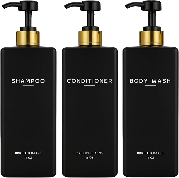 Black Shampoo and Conditioner Dispenser Set by Brighter Barns - Body Wash and Shower Soap Dispenser - Refillable Shampoo and Conditioner Bottles for Gold Bathroom Decor, Guest Bathroom, Airbnb (Black)