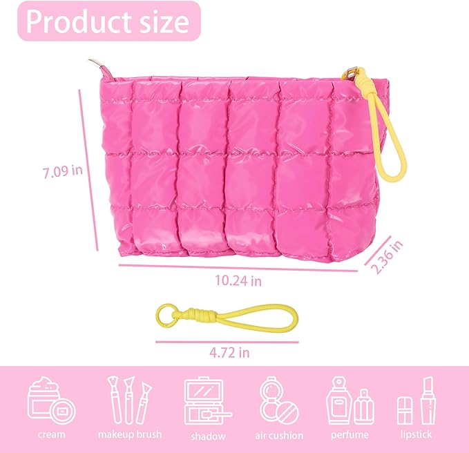 Beayuva Puffer Quilted Makeup Bag Travel Cosmetic Bag Portable Puffy Checkered Toiletry Pouch Skincare Organizer Purse Pencil Case (Hot Pink)