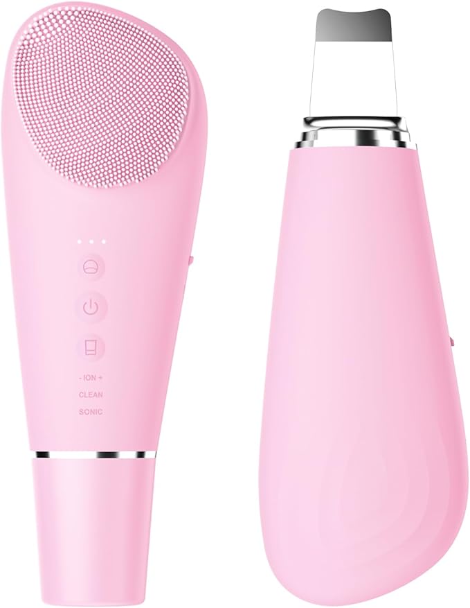 Stepcare Silicone Face Scrubber Blackhead Scraper Rechargeable 2-in-1 Facial Cleansing Brush & Skin Spatula Duo, IPX7 Waterproof Exfoliating Massager Deep Cleansing for Women and Men(Light Pink)