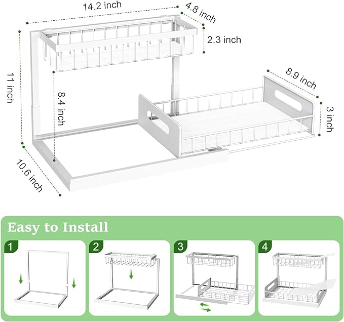 REALINN Under Sink Organizer, Pull Out Cabinet Organizer, 2 Tier Metal Slide Out Shelf with L Shaped Design for Kitchen, Bathroom, Laundry, and Utility Cabinet Storage for Deep Cabinets, White, 2 Pack