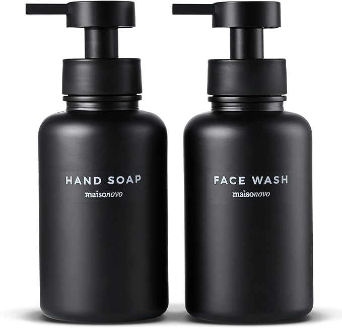 MaisoNovo Glass Foaming Soap Dispenser 14 Oz | Glass Bottles Pumps x 2 Black