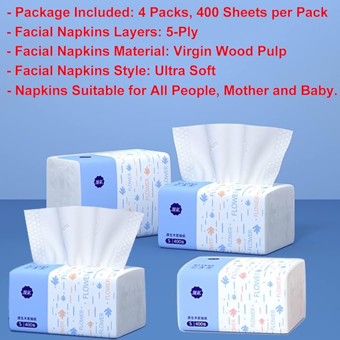 4 Packs Small Soft Facial Tissue, Toilet Paper, Disposable Napkin, Bag Cover, Not Box, Material Wood Pulp Fiber NOT COTTON, White Facial Paper Tissues, 5-Ply, 400 Sheet per Pack
