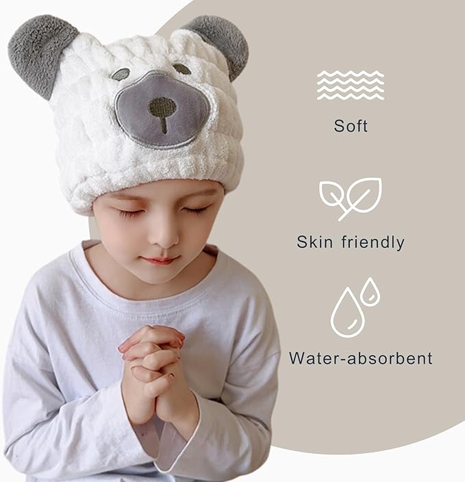 LCBD Microfiber Hair Towel Wrap for Kids, White Bear Dry Hair Cap Suck Water, Absorbent Quick Girls Boys Hair Drying Towel, Lightweight Bouncy Hat Headscarf for Wet Hair