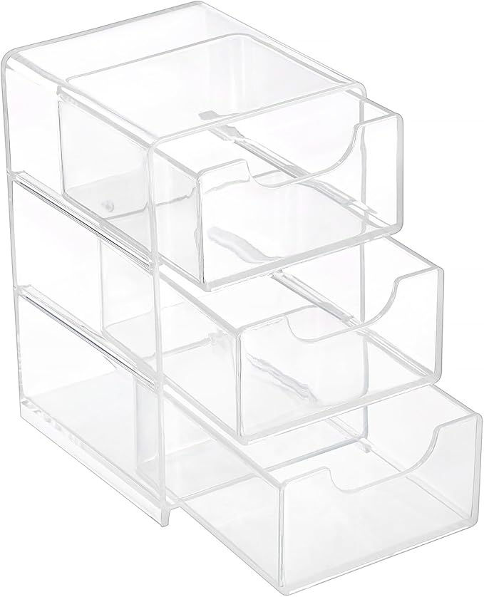 Hipiwe Acrylic Drawer Organizer Qtip Holder for Cotton Pad Cotton Swabs Makeup Storage Drawer with 3 Drawers Clear Desk Drawers Box Bathroom Counter Organizer for Home Office