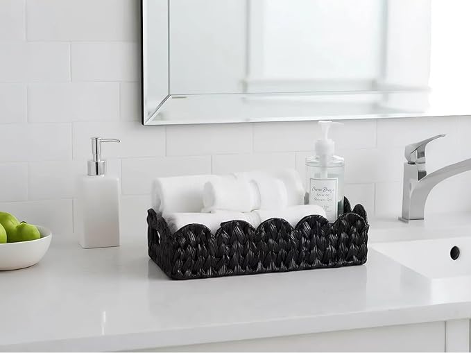 Coeusy Balck Toilet Basket,Set of 2 Scalloped Wicker Basket with Built-in Handles,Long Back of Toilet Baskets for Shelf,Tank Topper,Countertop,Rectangle