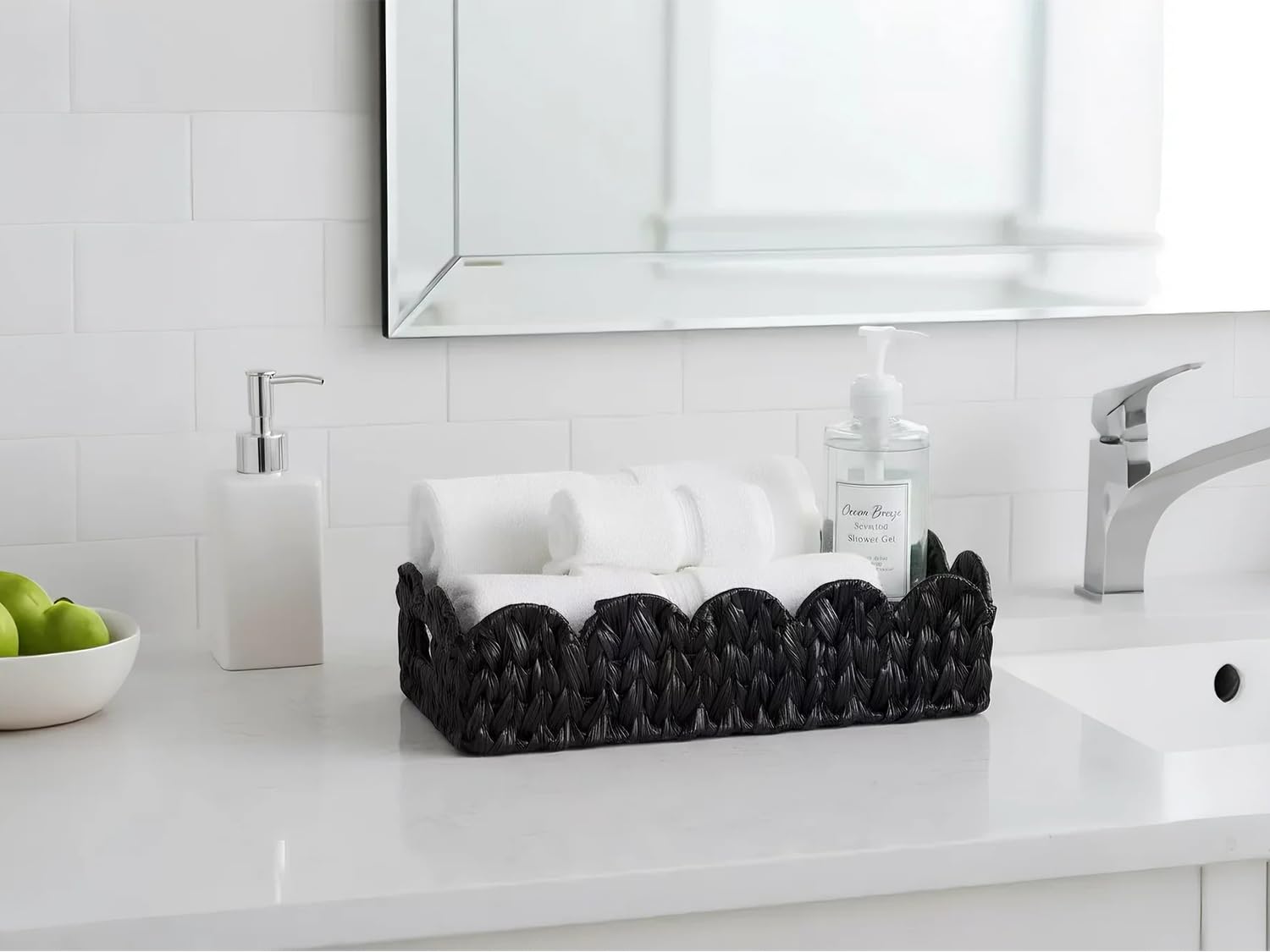 Coeusy Balck Toilet Basket,Set of 2 Scalloped Wicker Basket with Built-in Handles,Long Back of Toilet Baskets for Shelf,Tank Topper,Countertop,Rectangle