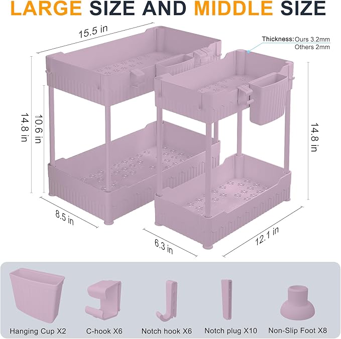 2 Pack Under Sink Organizer, Under Bathroom Cabinet Organizer with Hooks Hanging Cup, Multi-Purpose Storage Shelf for Kitchen Bathroom (Pink, 14.8 Inch)