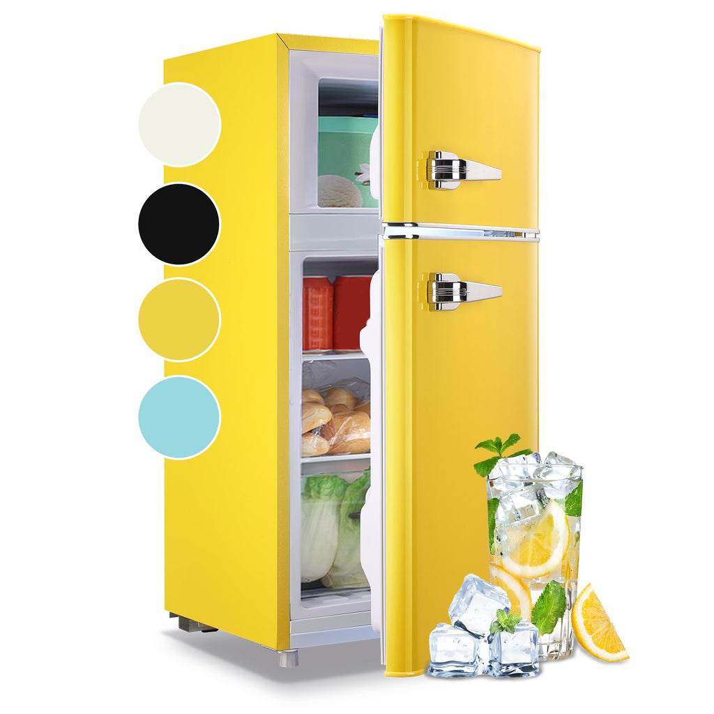 WANAI 3.5 Cu.ft Small Refrigerators Retro Mini Fridge with Freezer Yellow Full-sized Fridge Dual Door Dual Handle Classic Removable Glass Shelves Adjustable Thermostat for Home Office Dorm RV