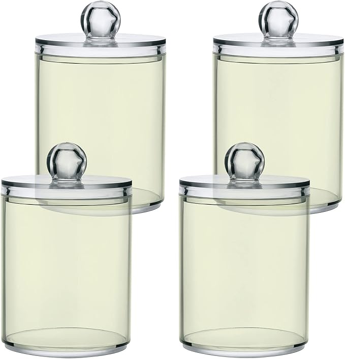 Beige Qtip Holder Organizer Dispenser Cotton Swabs Cans Plastic Jars with Lid Set 2 Pack Bathroom Storage Canister for Cotton Ball Floss Cotton Pads