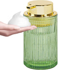Tonxus Foaming Soap Dispenser, Bathroom Green Glass Foam Soap Dispenser, Refillable 12 Oz Foam Pump Bottle Container with Gold Pump, Decorative Slim Ribbed Dish Soap Dispenser for Kitchen