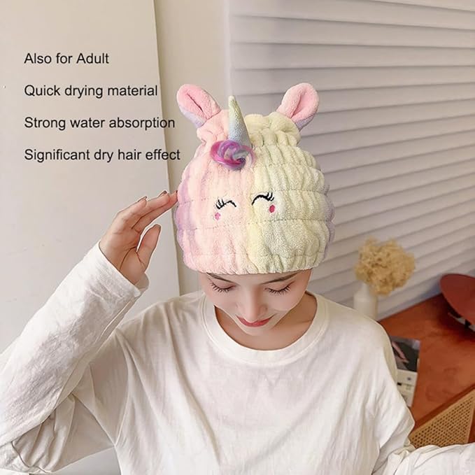 NAWPHEKI Animal Hair Drying Towel Cap for Kids, 2Pcs Cute Unicorn Microfiber Bath Dry Hair Wrap, Absorbent Quick Girls Boys Hair Drying Towel, Suck Water Hat Headscarf for Wet Hair