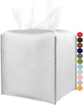 Silver Tissue Box Cover Leather – Square Tissue Box Holder with Bottom Belt by JESMINI, Modern PU Leather Cube Tissue Holder for Bathroom Vanity Countertop/Night Stands/Office