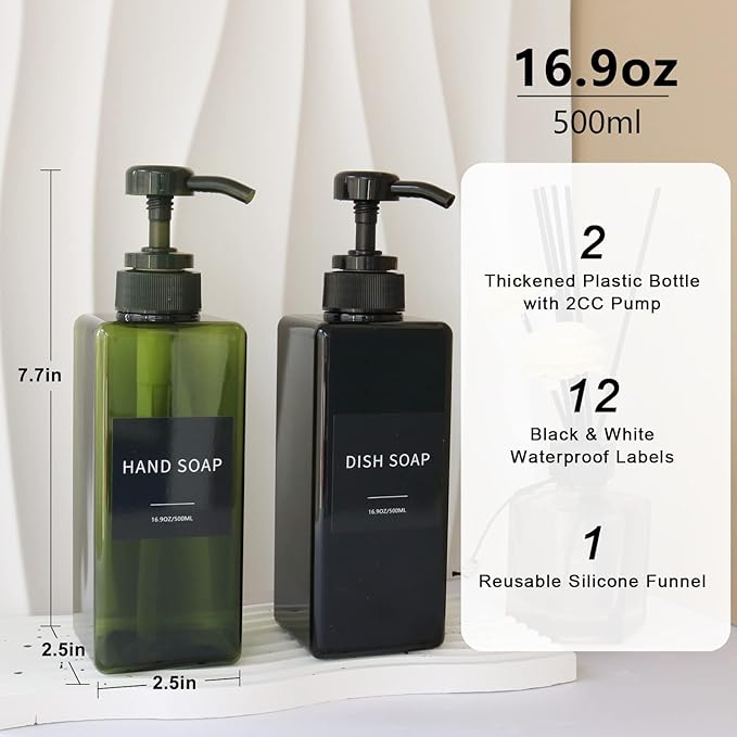Clear Soap Dispenser with Waterproof Labels, Thickened Plastic Hand Soap Dispenser for Bathroom, Kitchen Dish Washing Liquid Bottles, Shampoo and Conditioner Bottles with Funnel (16oz 2Pack Clear)
