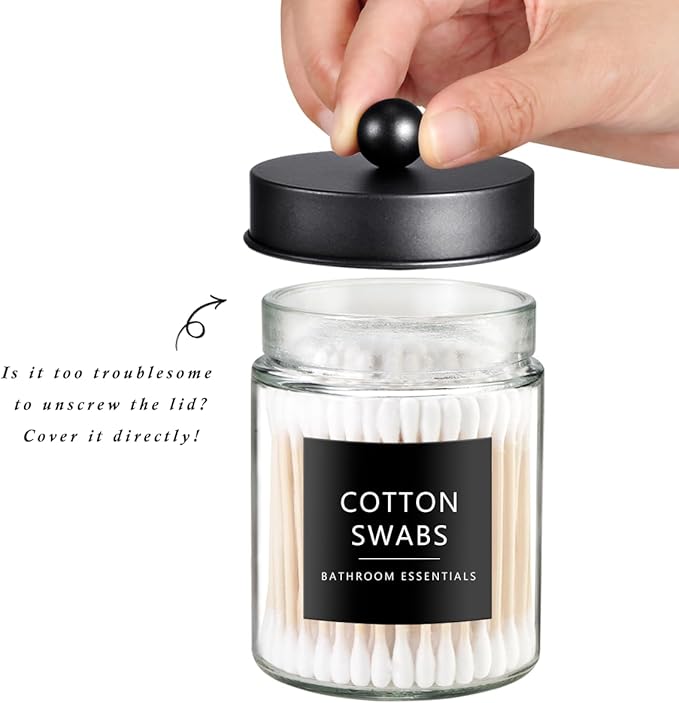 SheeChung 2-Pack Qtip Holder Dispenser - Glass Apothecary Jars with Rust-Proof Stainless Steel Lids - Modern Luxury Farmhouse Bathroom Vanity Organizer for Cotton Swabs, Balls, Pads(Black&Gold)