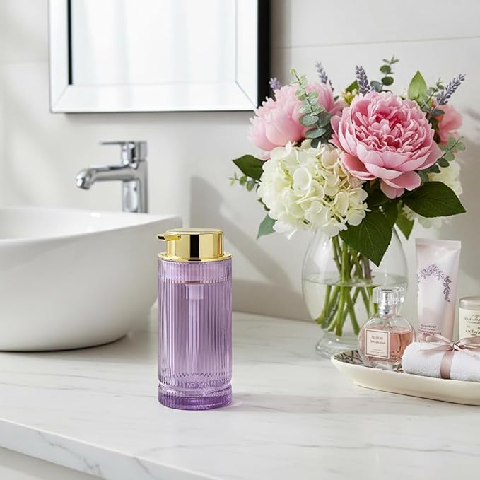 Tonxus Foaming Soap Dispenser, 14 Oz Glass Foam Hand Soap Dispenser with Gold Pump, Purple Bathroom Refillable Liquid Lotion Pump Container Ribbed Bottle for Kitchen Countertop Decor