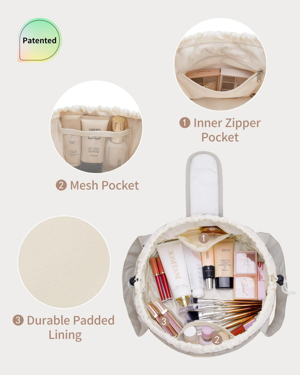 Narwey Lay Flat Open Drawstring Makeup Bag, Large Quilted Cosmetic Bag for Women Girls, Cute Make up Bags with Handle, Portable Travel Toiletry Bag for Skincare, Brushes & Travel Essentials (Khaki)