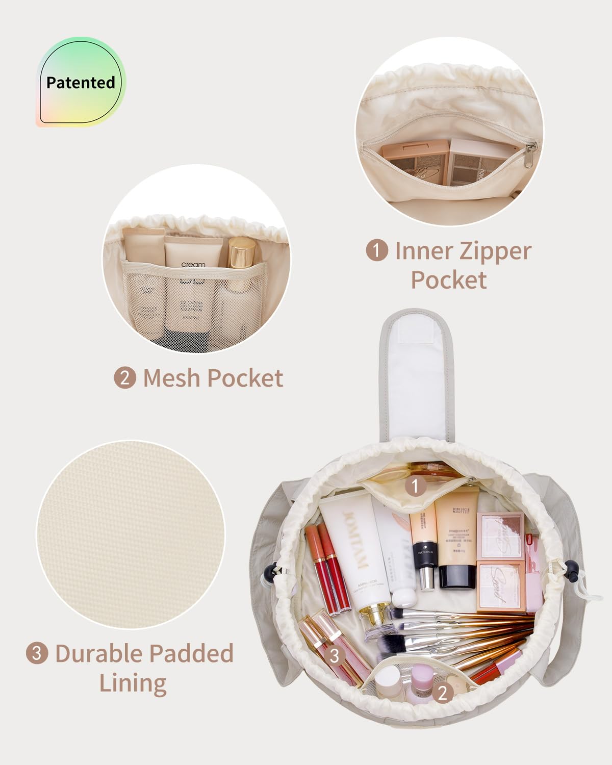 Narwey Lay Flat Open Drawstring Makeup Bag, Large Quilted Cosmetic Bag for Women Girls, Cute Make up Bags with Handle, Portable Travel Toiletry Bag for Skincare, Brushes & Travel Essentials (Khaki)