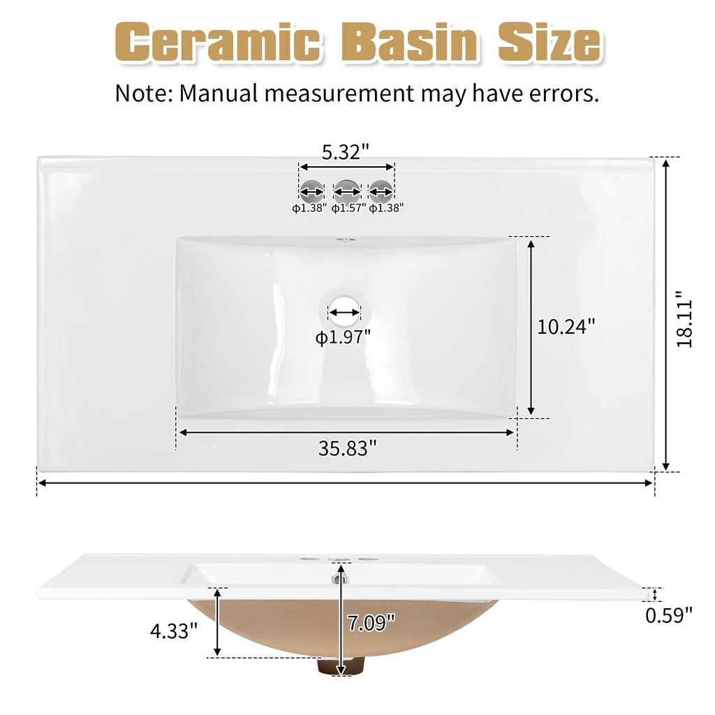 VINGLI 36" Modern Bathroom Vanity with Ceramic Sink, White Bathroom Vanity Cabinet w/2 Stripe Doors & 2 Drawers, Bathroom Sink Cabinet Combo, Floor Storage Cupboard w/Open Shelf for Bathroom