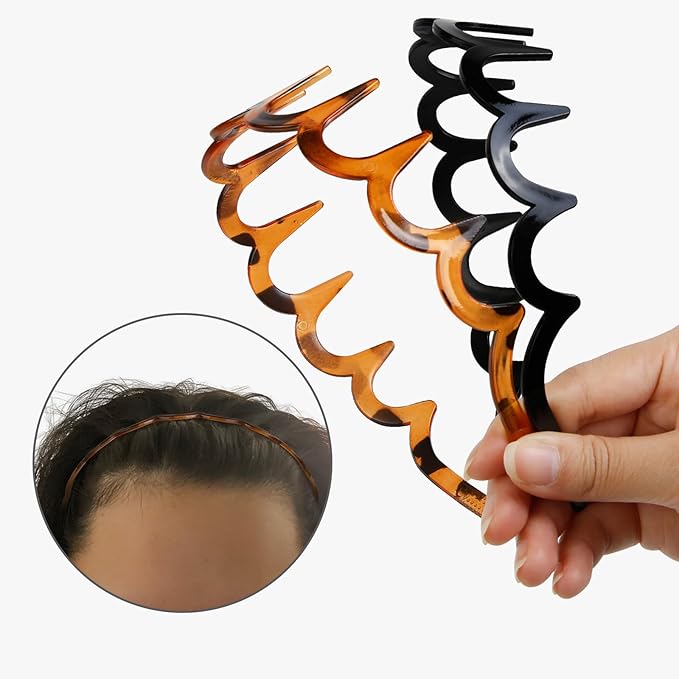 WOVOWOVO Zig Zag Headbands for Women Teen Girls Men, Plastic Hair Bands with Teeth Thin Zigzag Head Bands for Women's Hair, Non Slip Black Shark Tooth Comb Hairbands, 4 Packs