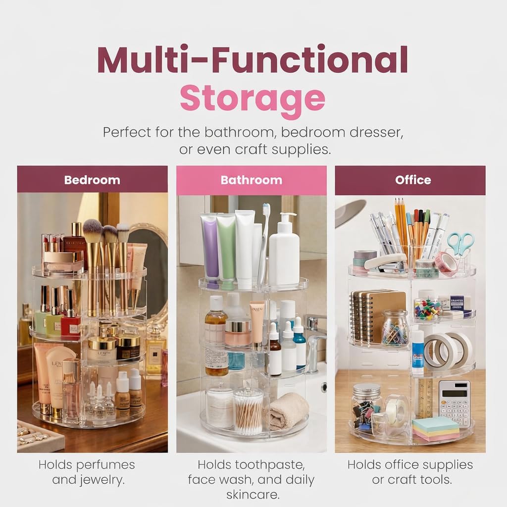 Masirs 360 Rotating Makeup Organizer Countertop, Adjustable Shelf, Clear