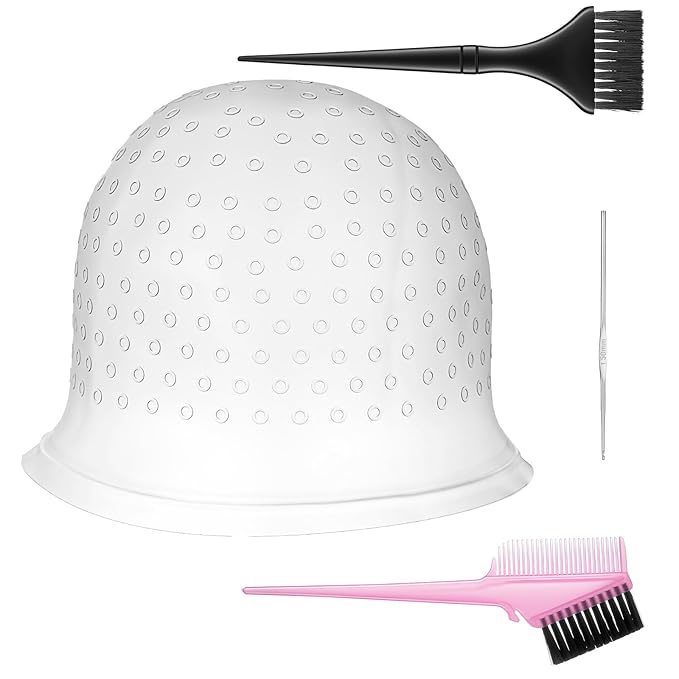 Silicone Highlight Hair Cap with Brushes and Needle, Professional Reusable Highlighting Poked Hole Hooks for Color Hair Salon Hairdressing Dyeing Staining Tools for Women Men