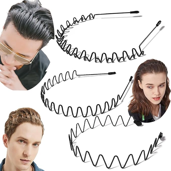Vrose Flosi 3-Pack Metal Headbands for Men & Women - Zig Zag & Wavy & Wide teeth Hair Bands for All Hair Types - Safe Ball-End Tips & Thickened Electroplating - Slicked Back Hair Styling Accessories