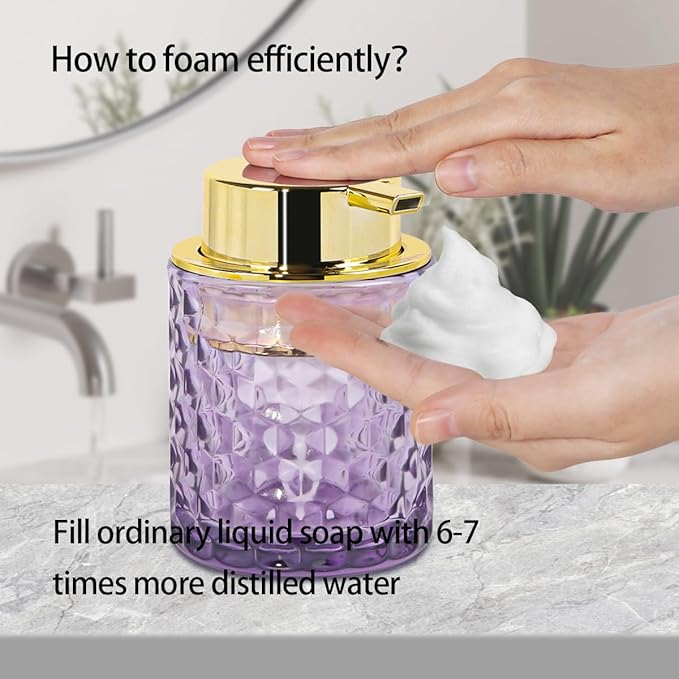 Fvstar 10 Oz Glass Hand Soap Dispenser with Pump, Refillable Bathroom Gold Foaming Soap Dispenser, Vintage Glass Diamond Lotion Container Bottle for Bathroom and Kitchen (1, Purple and Gold)