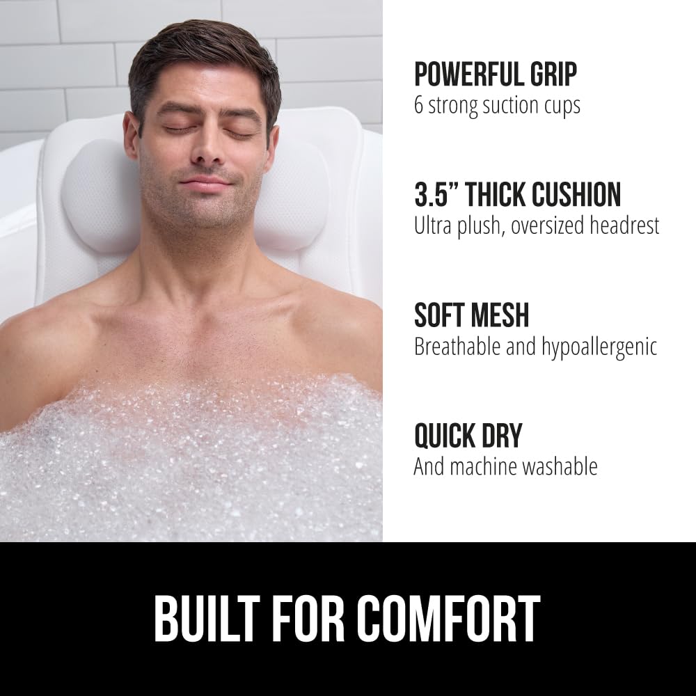 GORILLA GRIP Bath Pillow for Tub, 6 Strong Suction Cups, 4D Mesh FlexComfort Headrest for Neck, Head and Back Support, Luxury Machine Washable Pillows, Bathtub Accessories, Spa Gifts for Women, White
