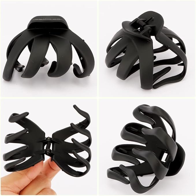 ATODEN Jumbo Octopus Hair Clips - 3.15" Matte Black Claw Clips for Long, Thick Hair (Pack of 5)
