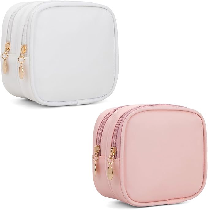 XIAOLER 2PCS Small Makeup Pouch, Double Zipper Cosmetic Bag, Travel Makeup Bag, Cute Makeup Bag for Purse, Mini Toiletry Bag (White+Pink)