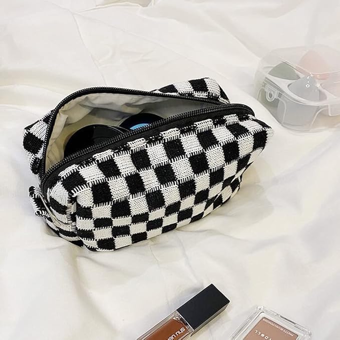 SxoSyo 2 Pcs Checkered Cosmetic Bags, Makeup Brushes Cases, Black