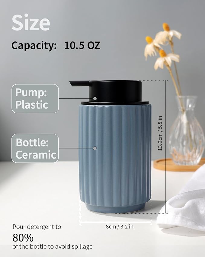 Foaming Soap Dispenser, Ceramic Foam Hand Soap Dispenser with Stripe Design for Kitchen or Bathroom, Refillable Dish Lotion Dispenser, Gray Blue, ANTIS'S HOME