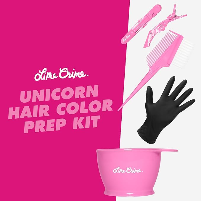 Lime Crime Unicorn Hair Color Prep Kit, 4-Piece Set - Professional Grade Hair Care Coloring Set Includes Mixing Bowl, Dye Color Brush, Pair of Gloves & 2 Hair Clips - Perfect for Bleaching & Hair Dye