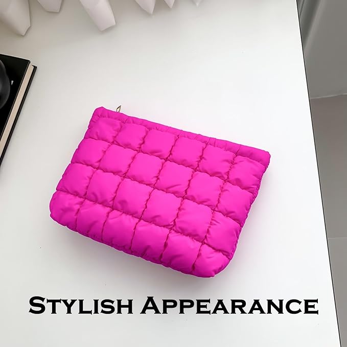 HFLZBRO Puffy Quilted Makeup Bag for Women, Cosmetic Bag, Travel Toiletry Organizer Pouch Clutch (rose)