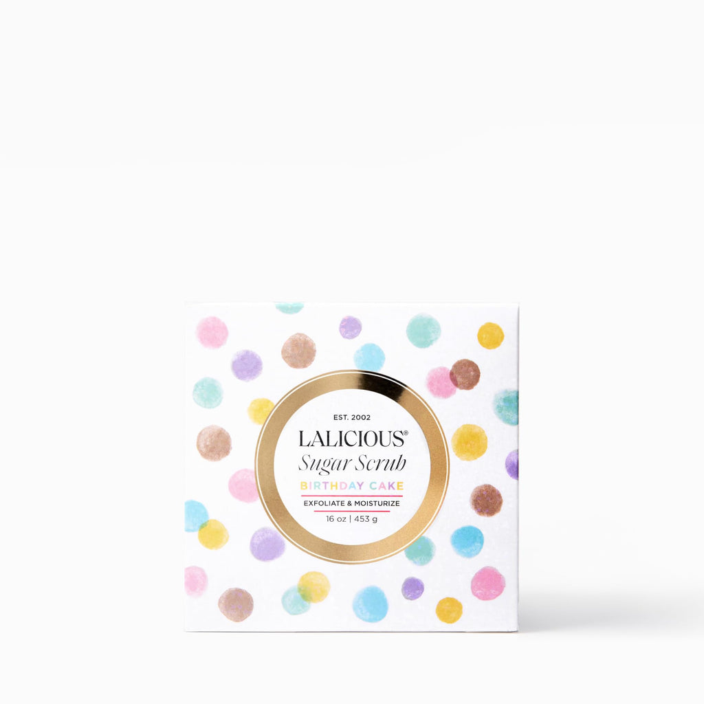 LALICIOUS Birthday Cake w Pink Shimmer - Exfoliating & Moisturizing Whipped Body Scrub | Sugar & Coconut Oil | Gently Buffs & Smooths Sensitive Skin | No Parabens | Large 16oz