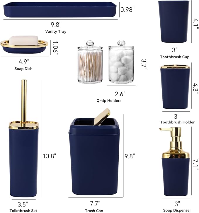 XLHOMO Bathroom Set, 9PC Bathroom Accessory Set, Blue Bathroom Accessories, Blue Bathroom Set, Trash Can, Soap Dispenser for Home Decor