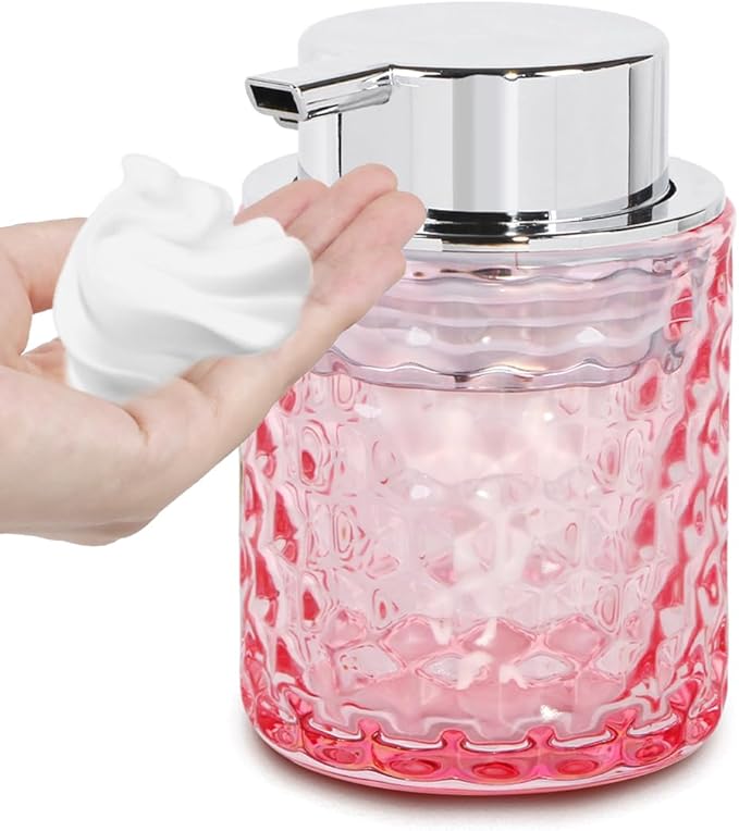 Fvstar 10 Oz Glass Hand Soap Dispenser with Pump, Refillable Bathroom Gold Foaming Soap Dispenser, Vintage Glass Diamond Lotion Container Bottle for Bathroom and Kitchen (1, Pink and Silver)