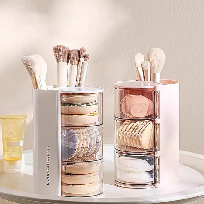 gugululu 3-Layer Clear Hair Accessories Organizer with Hair Brushes Holder, Rotatable Storage Box Desktop Organizer Case for Makeup Brushes, Cotton Swab, Beauty Sponge, Powder Puff (White)