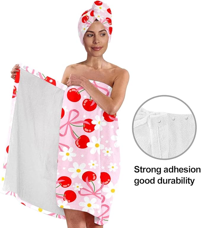 Cherry Print Bath Wrap with Matching Hair Drying Cap – Soft Microfiber Quick Dry Shower Towel Skirt Set for Women, Girls, Spa and Travel (Cherry 6)