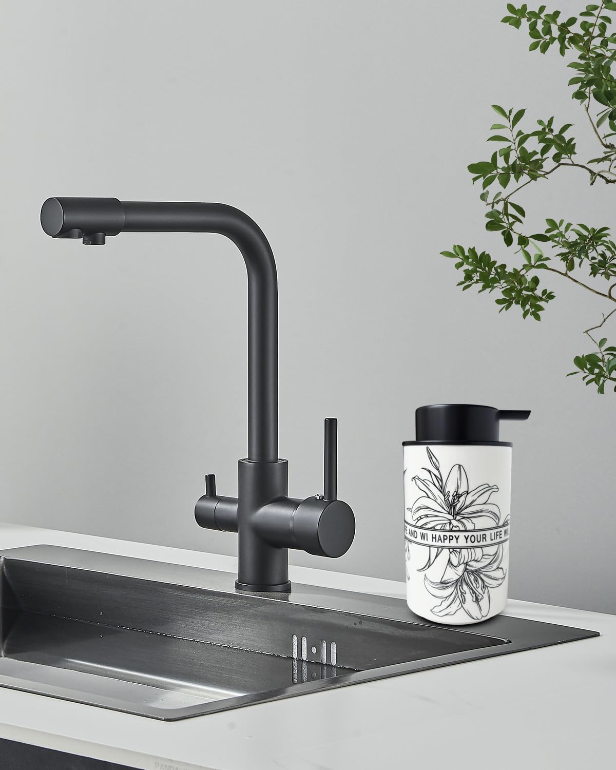Ceramic White Liquid Soap Dispenser for Bathroom & Kitchen,Lily Pattern Hand Sanitizer Bottle,Chic Home Deco (Liquid)