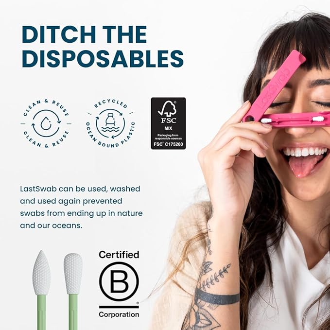 LastSwab Reusable Q-Tips for Makeup - Precision Silicone Cotton Swabs for Eyeliner, Mascara & Touch-Ups - Eco-Friendly Washable Q Tip Alternative - Zero Waste, Travel Case - Green
